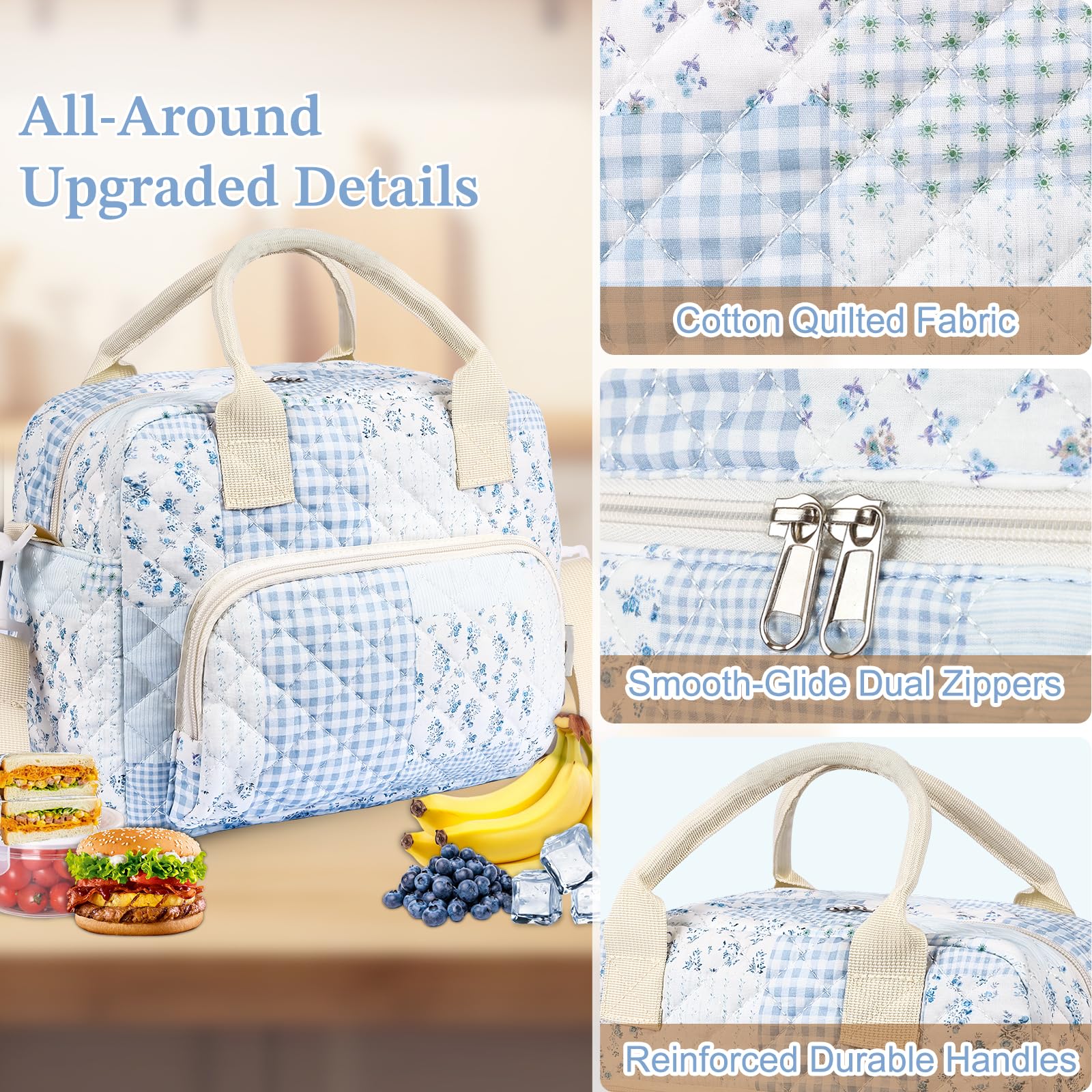 WOBAGMEN bolsa almuerzo con acolchado floral azul, perfecta para oficina o salidas.