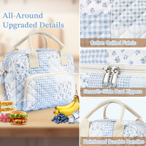WOBAGMEN bolsa almuerzo con acolchado floral azul, perfecta para oficina o salidas.