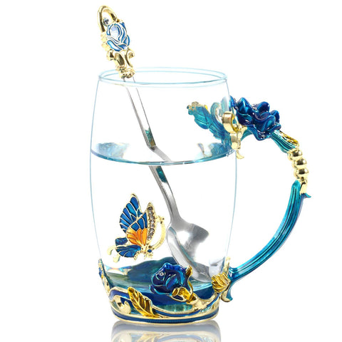 Taza WOBOX esmaltada 330ml con flor rosa, ideal para té diario