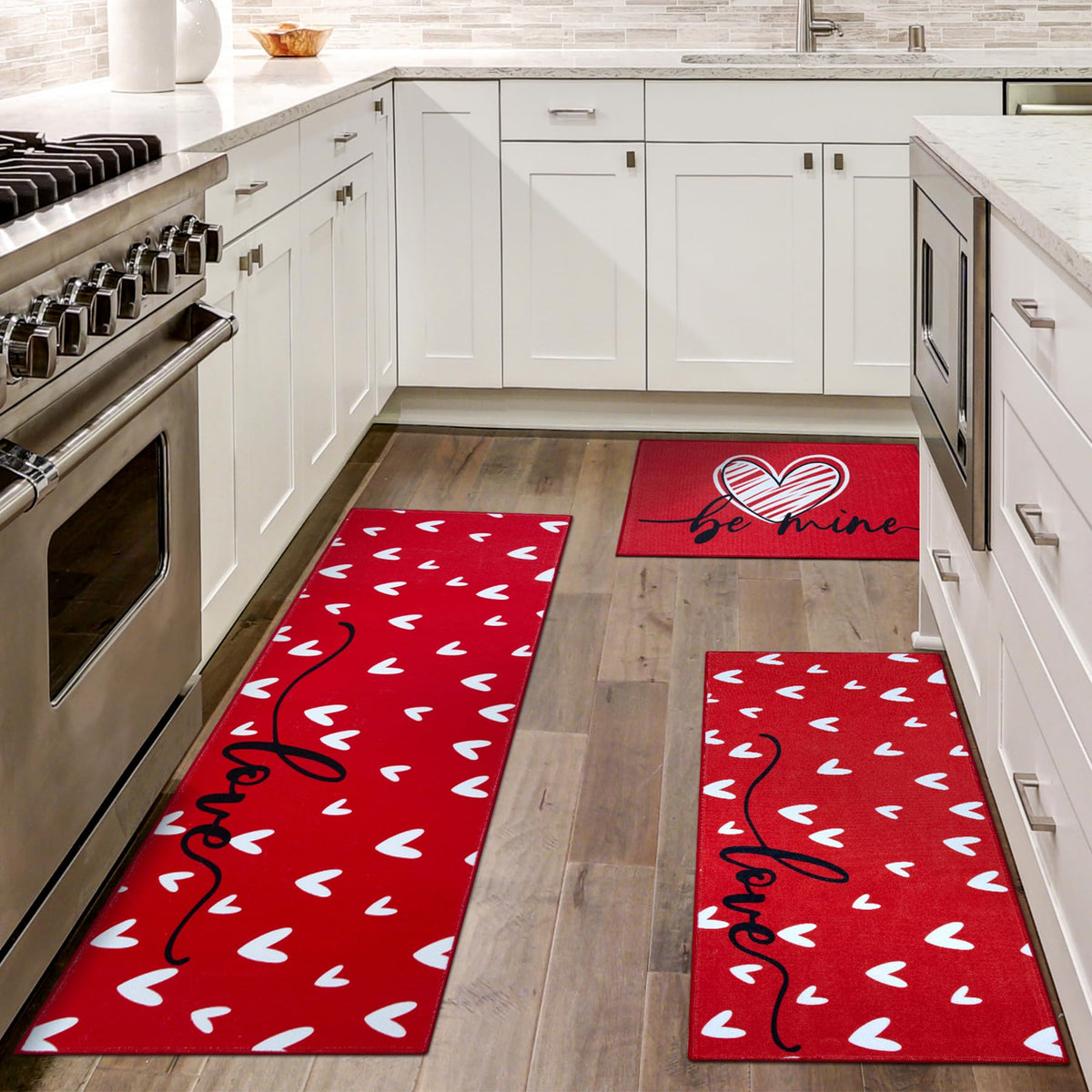 Alfombra WOBUBU conjunto 3 piezas, corazón rojo, ideal para cocina cálida y segura.
