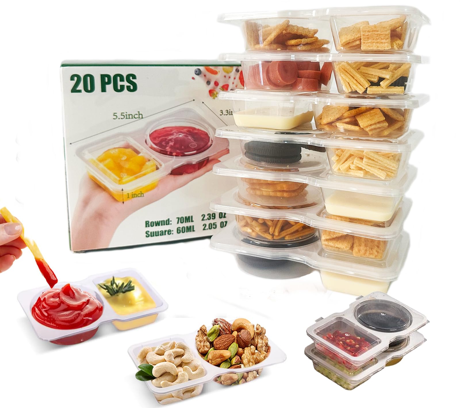 WOIRHWEH contenedor doble compartimento para aperitivos, evita mezclar sabores durante el viaje.