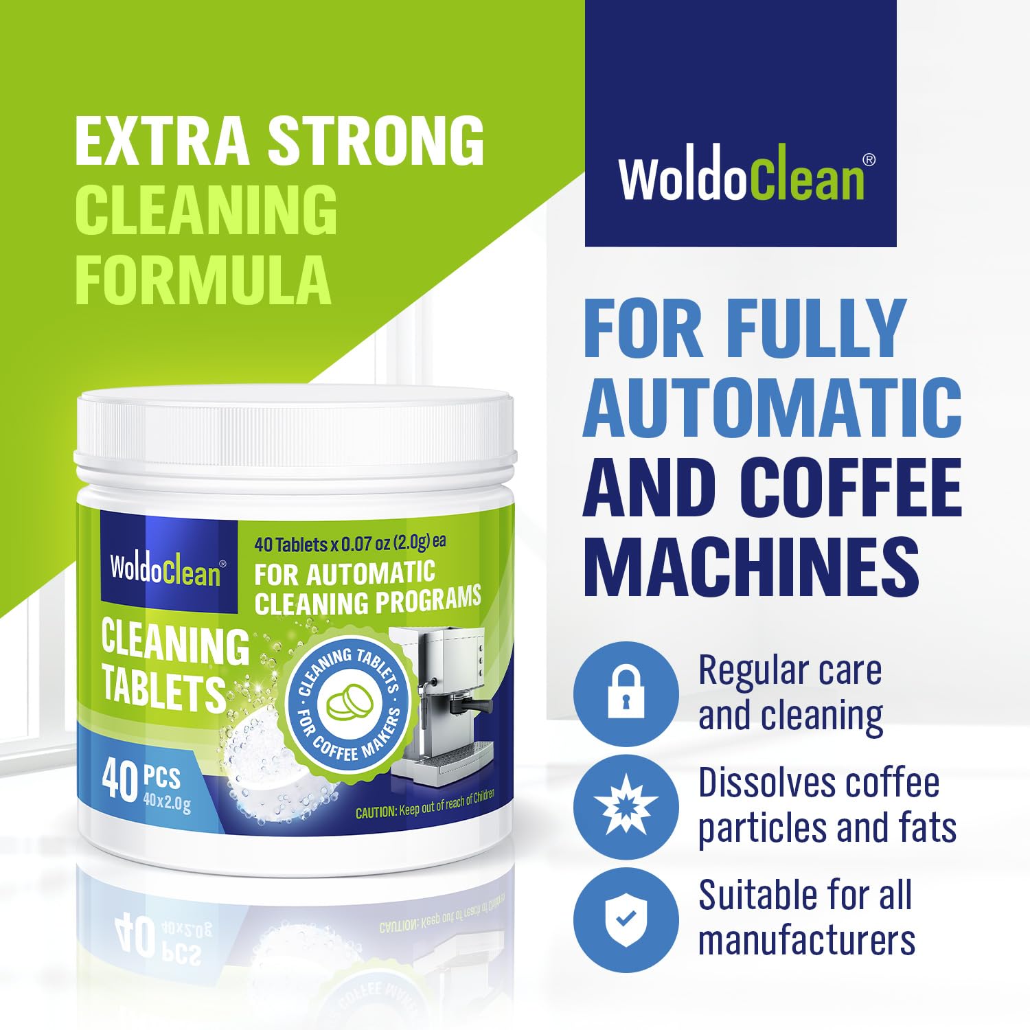 WoldoClean tabletas para máquina de café: sabor limpio sin residuos.