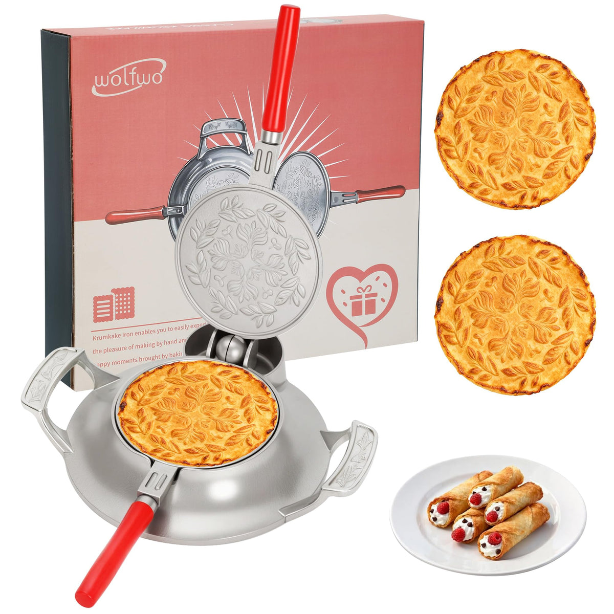 Wolfwo krumkake hierro aluminio una pieza: calentamiento rápido para galletas crujientes y uniformes.