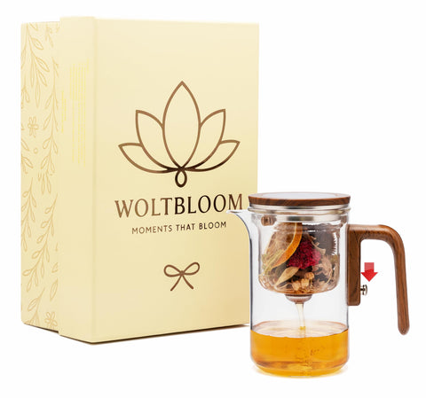 WOLTBLOOM Enchanti tetera de vidrio con infusor magnético para infusiones precisas.