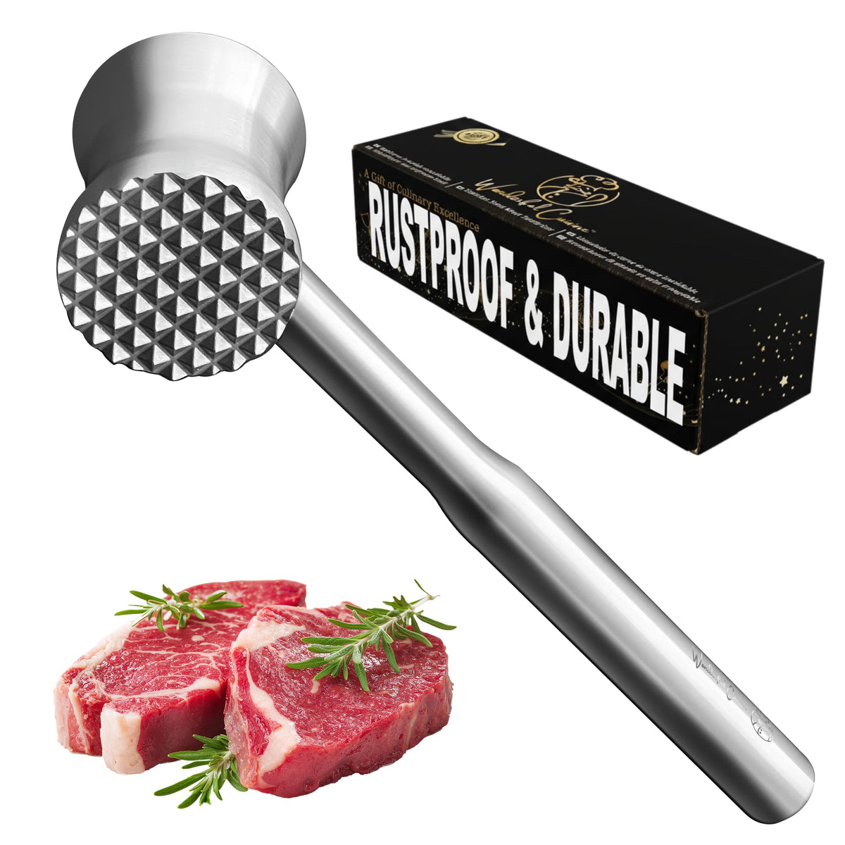 Wonderful Cuisine martillo ablandador de acero inoxidable para carnes, resistente y eficiente.