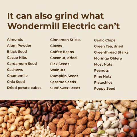 WonderMill Junior Deluxe muele granos, nueces y semillas para harinas y pastas.