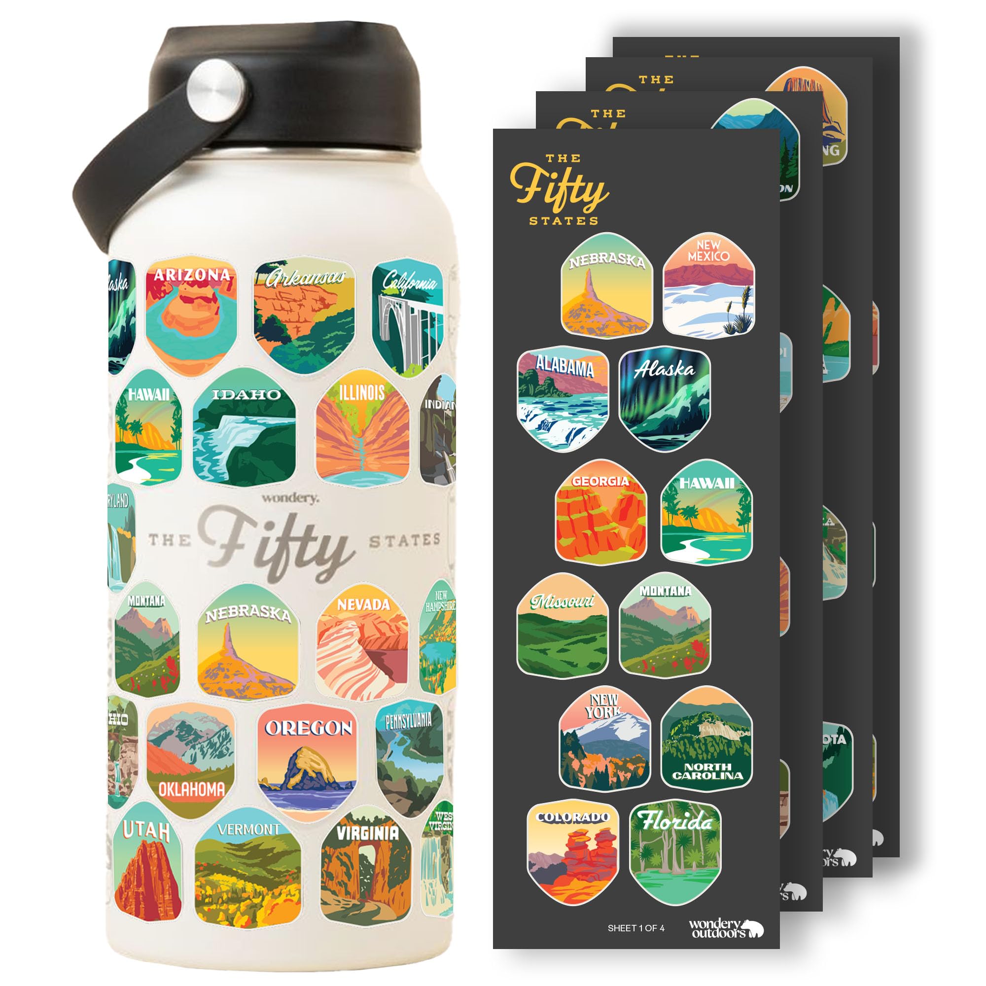 Botella Wondery con grabado de 50 estados, ideal para viajeros.