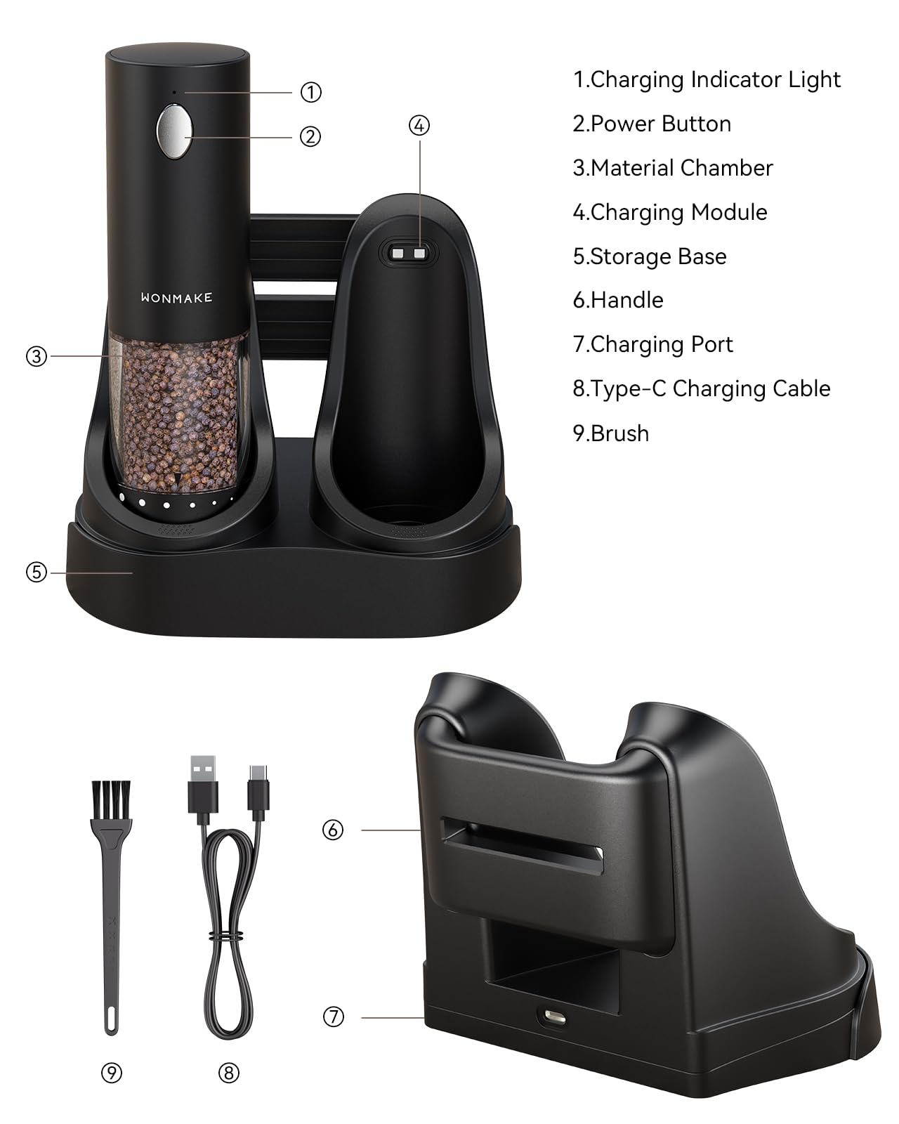 Base de carga doble WONMAKE con asa ergonómica para transporte.