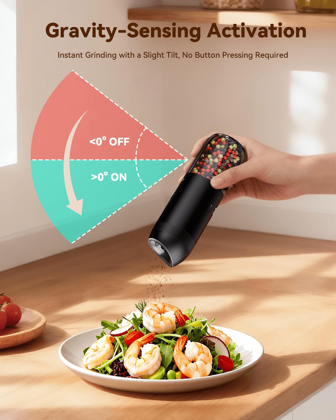 Molinillo WONMAKE con iluminación para sazonar con precisión en cocinas oscuras.