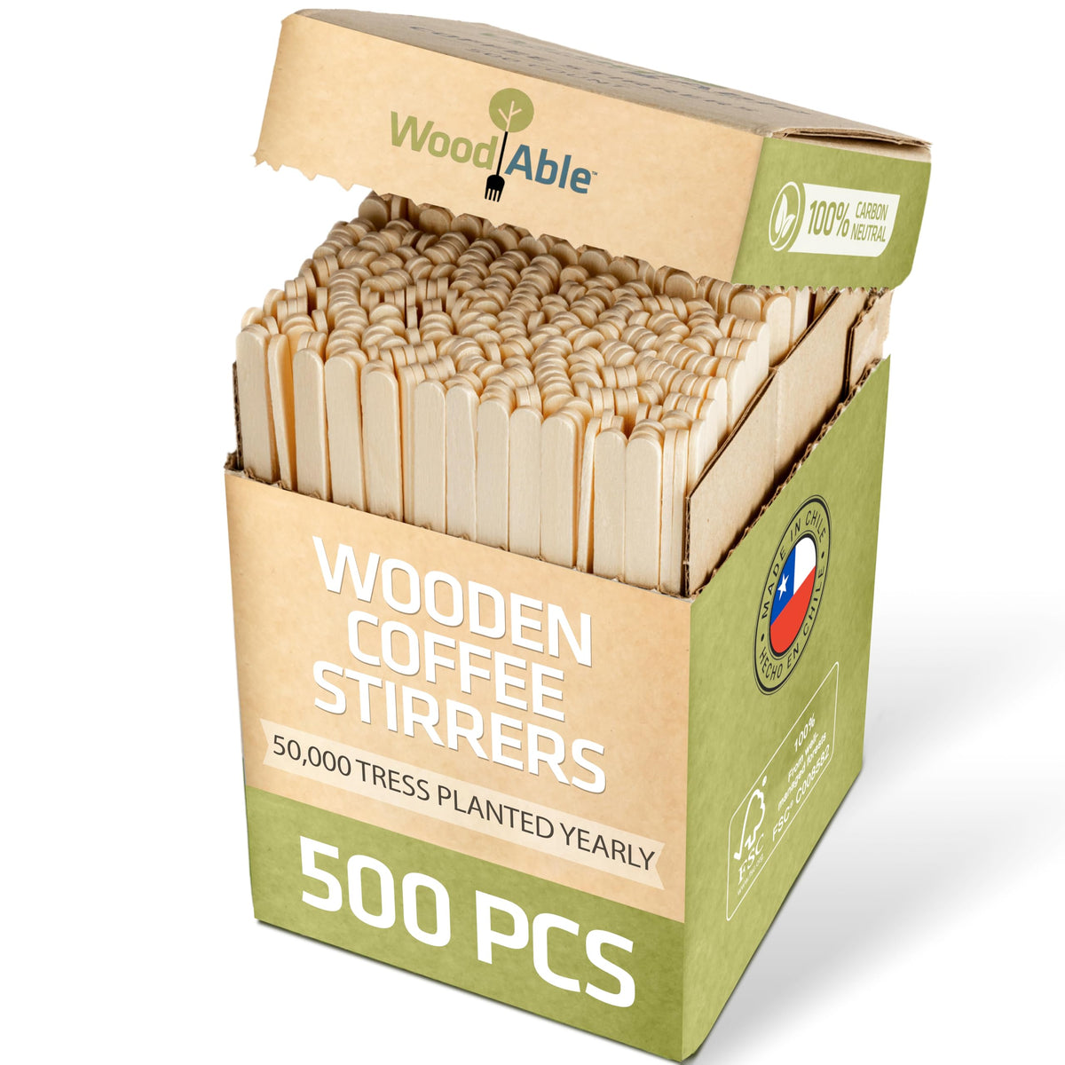Woodable palitos de cafe madera 5,5 pulgadas, 500 unidades, para uso diario.