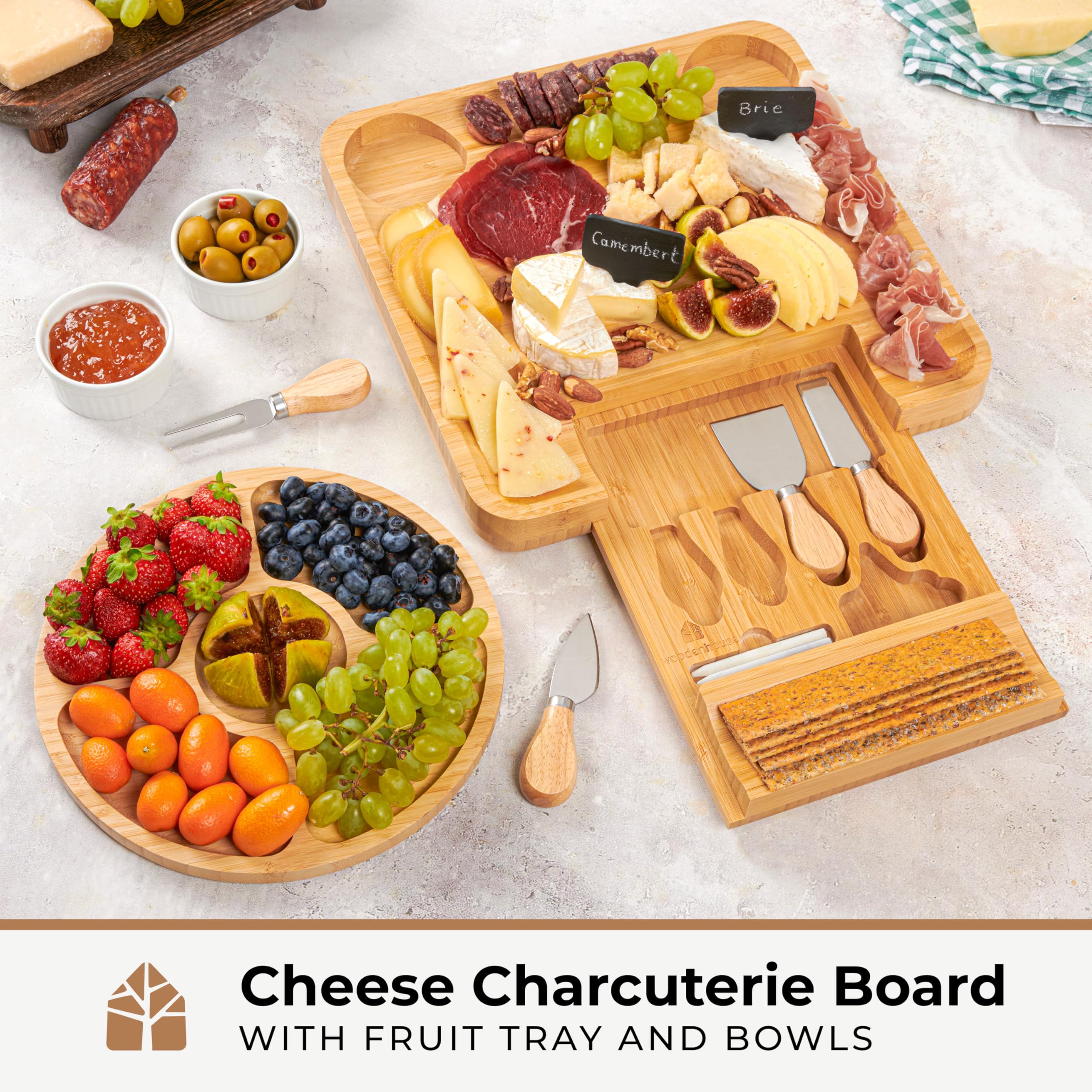 Woodenhouse bandeja quesos-frutas con dos cuencos para salsas