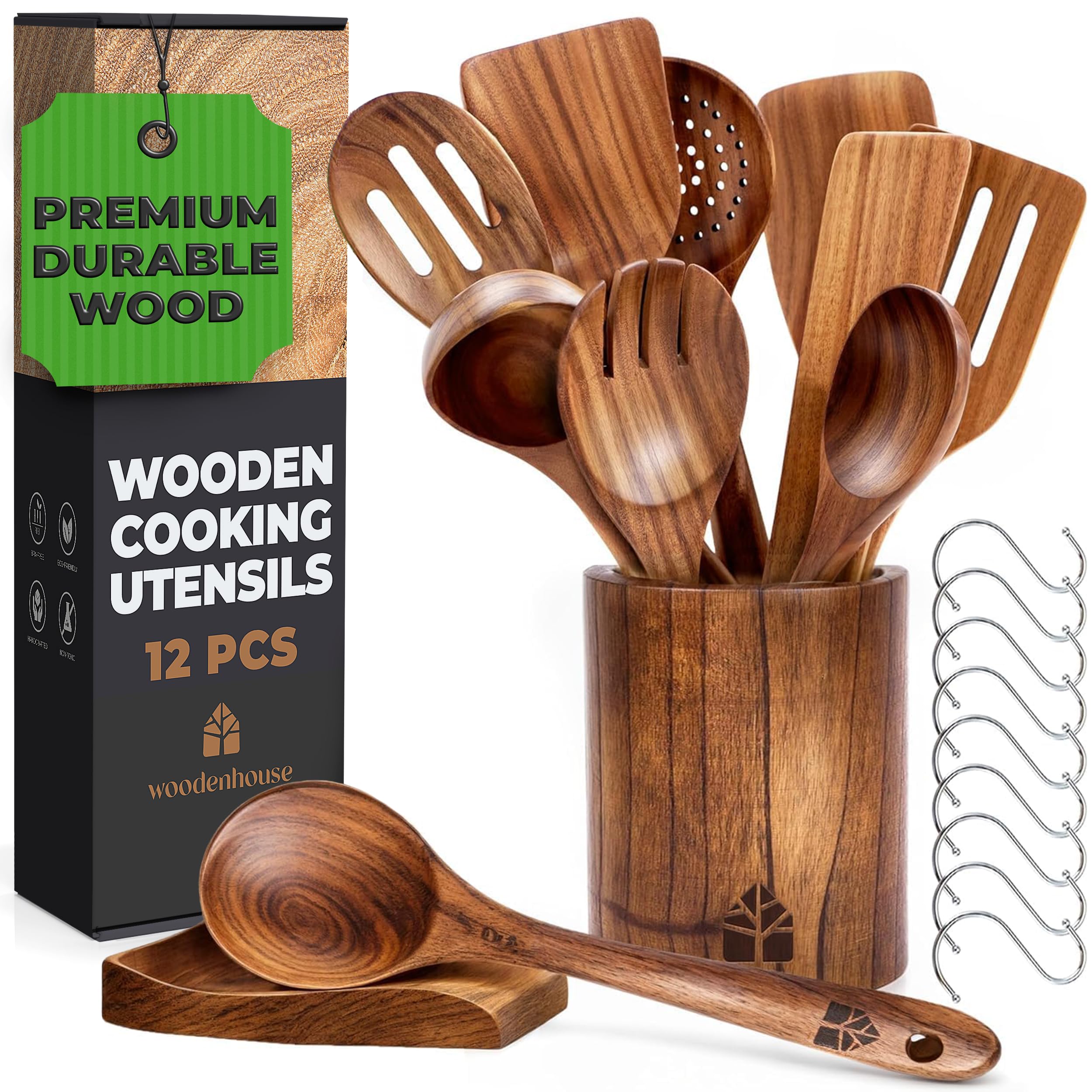 Woodenhouse cucharas de cocina teca, juego de 12 piezas, aptas para sartenes antiadherentes.