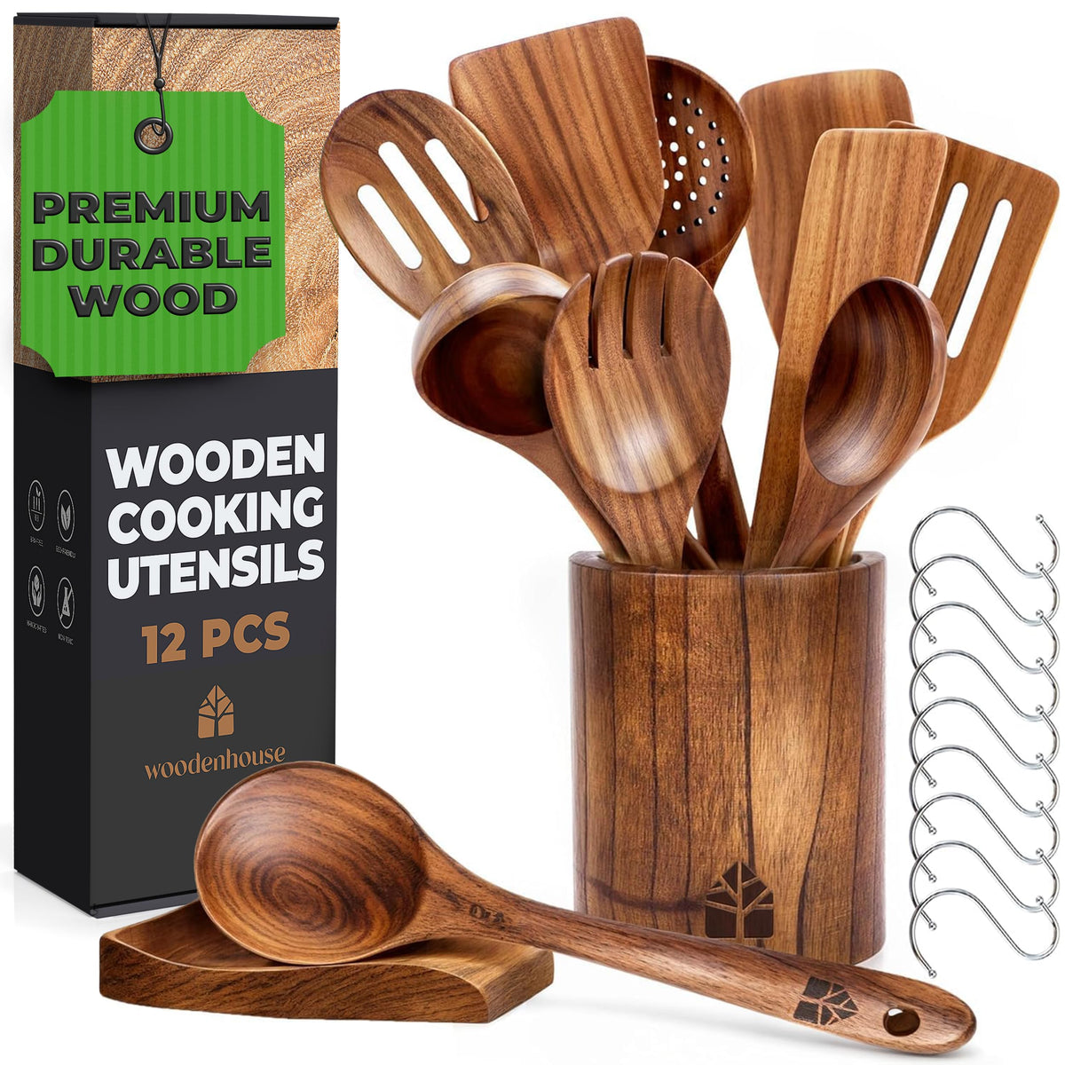 Woodenhouse cucharas de cocina teca, juego de 12 piezas, aptas para sartenes antiadherentes.