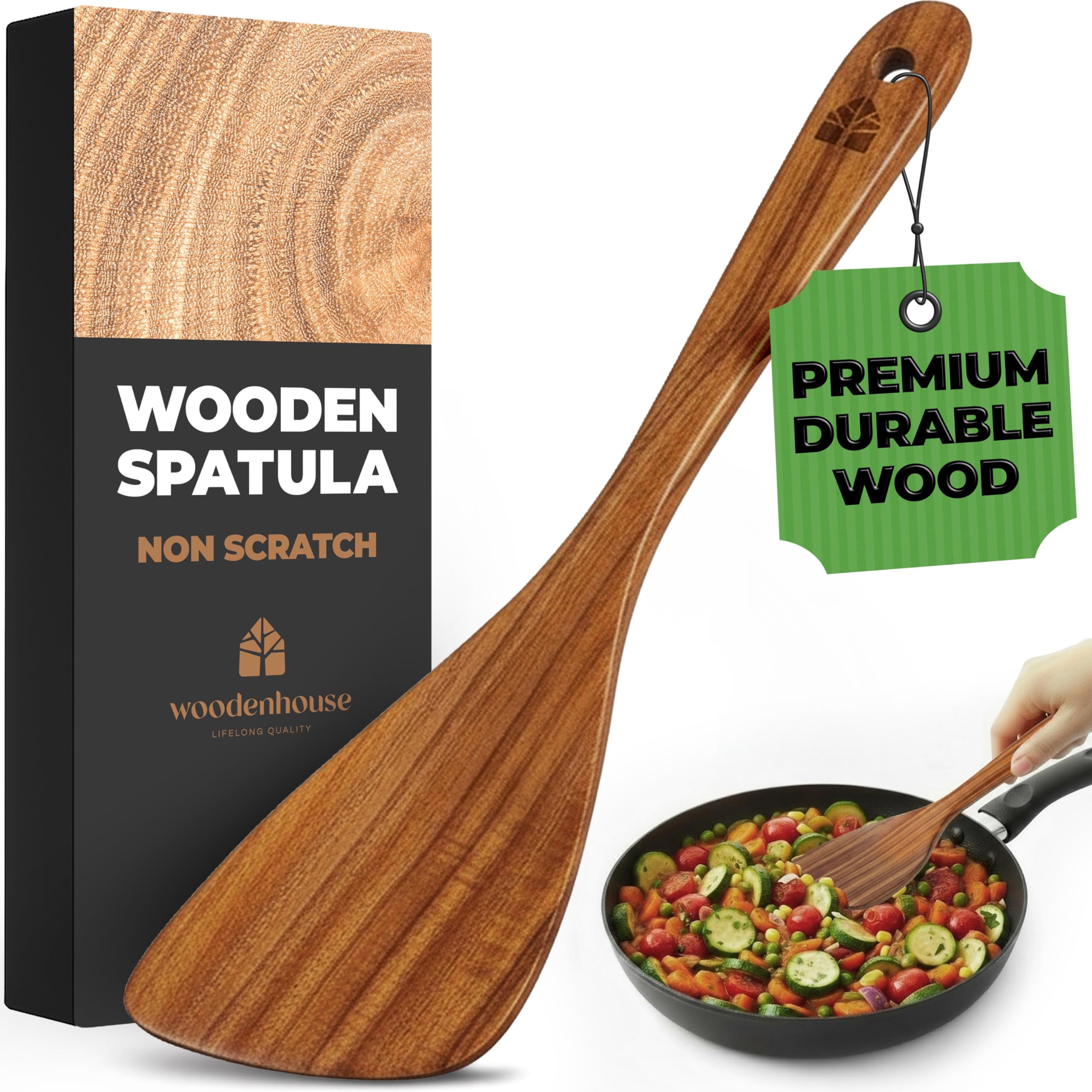 Espátula Woodenhouse de madera de acacia, 12 pulgadas, ideal para revolver sin rayar.