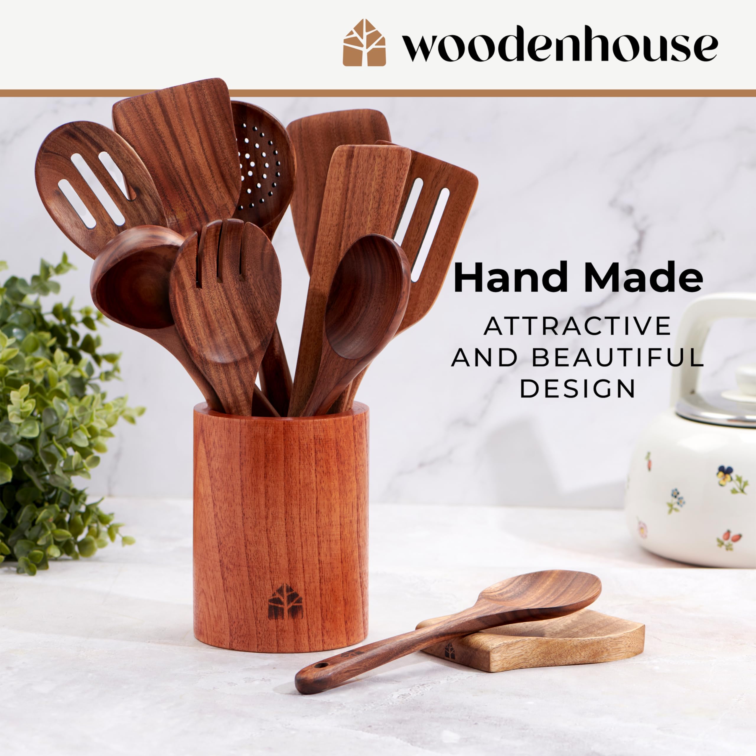 Woodenhouse juego de 12 utensilios para cocinar, diseño compacto para la encimera.