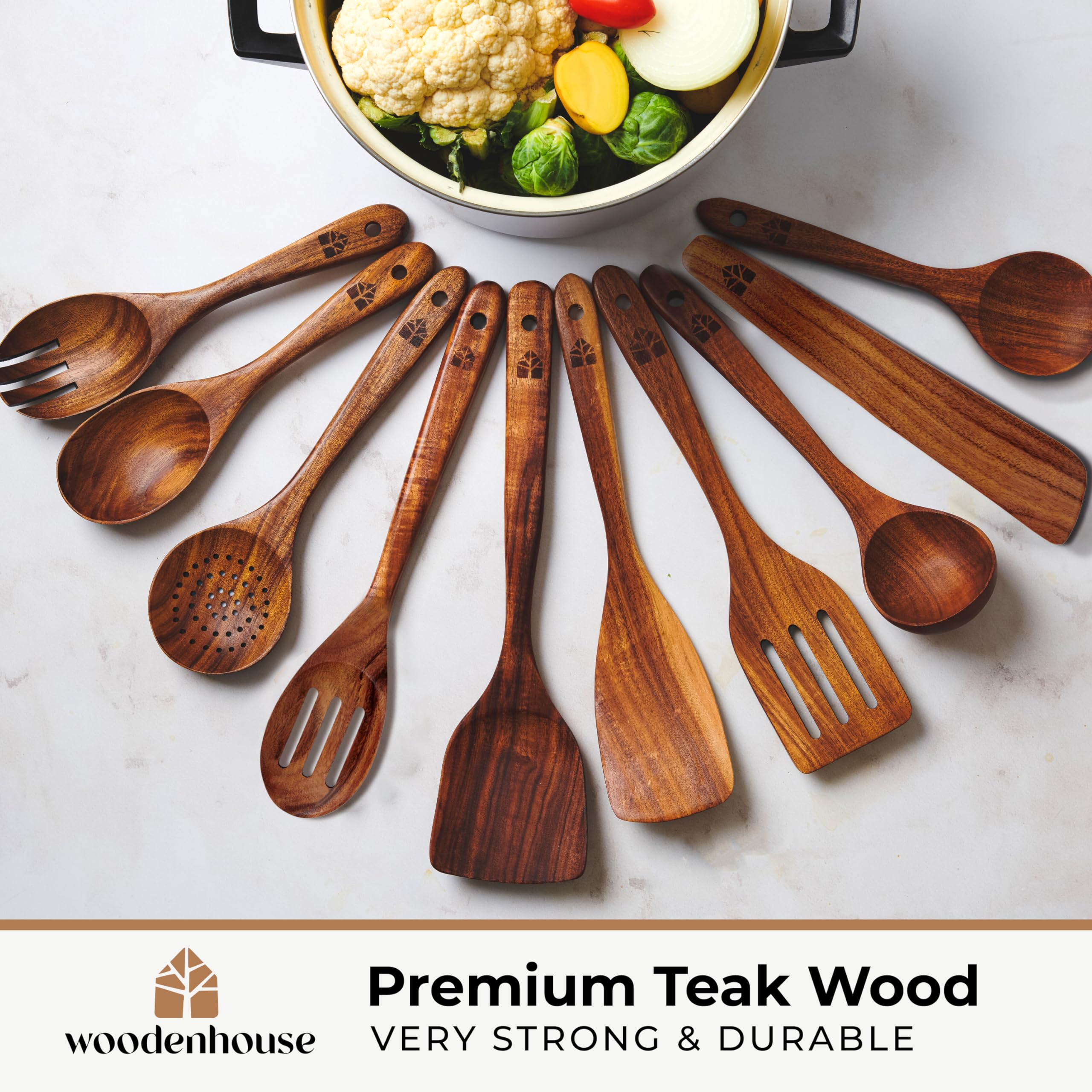 Woodenhouse set de utensilios de cocina teca, duraderos para uso diario.