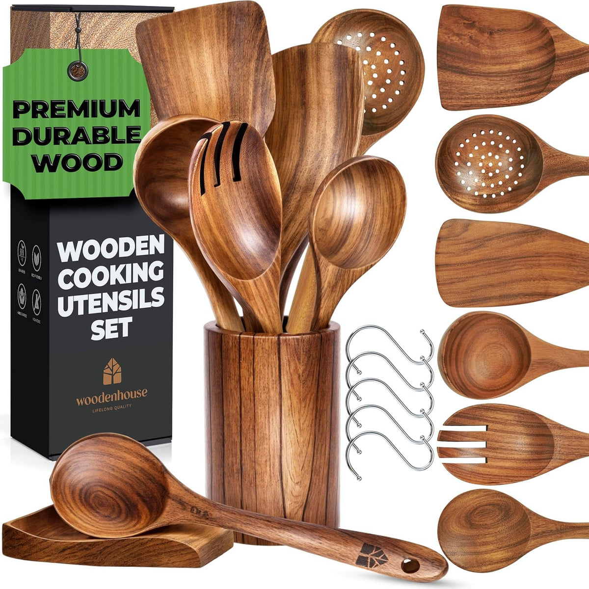 Woodenhouse set-utensilios-madera-8-piezas: duradero y apto para sartenes antiadherentes.