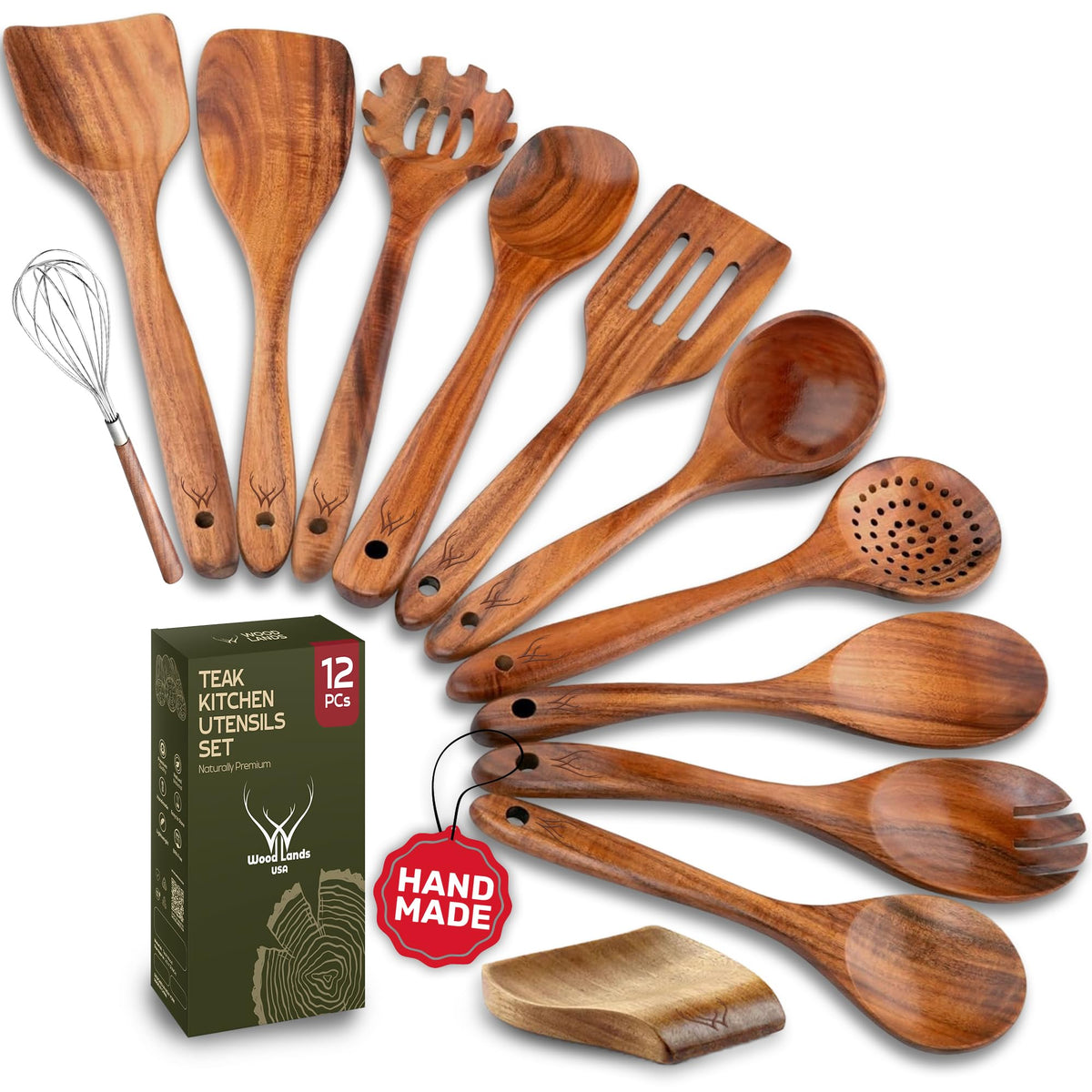 WOODLANDS USA: conjunto de 12 utensilios de madera para cocinar sin rayar sartenes antiadherentes.