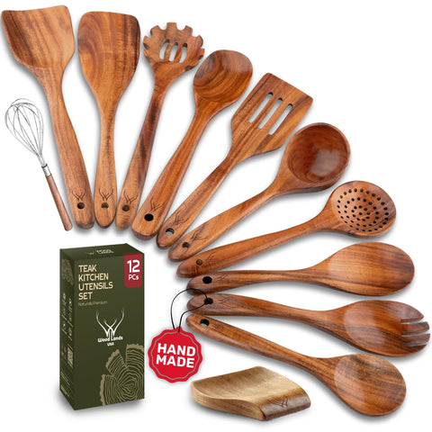 WOODLANDS USA: conjunto de 12 utensilios de madera para cocinar sin rayar sartenes antiadherentes.