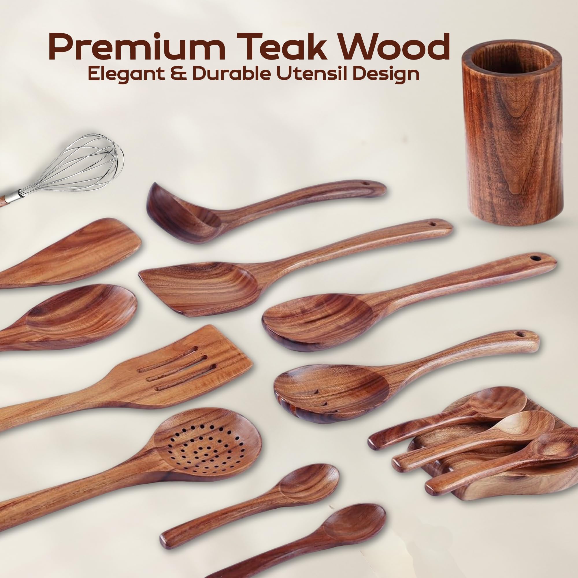 WOODLANDS USA soporte de utensilios de teca, organización elegante para la cocina diaria.