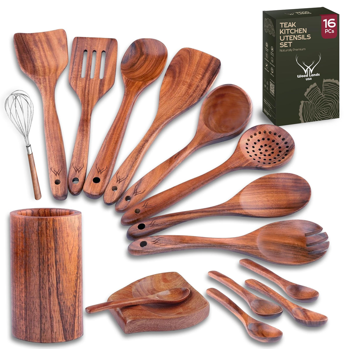 WOODLANDS USA juego de utensilios de teca para cocinar diario sin rayar sartenes.