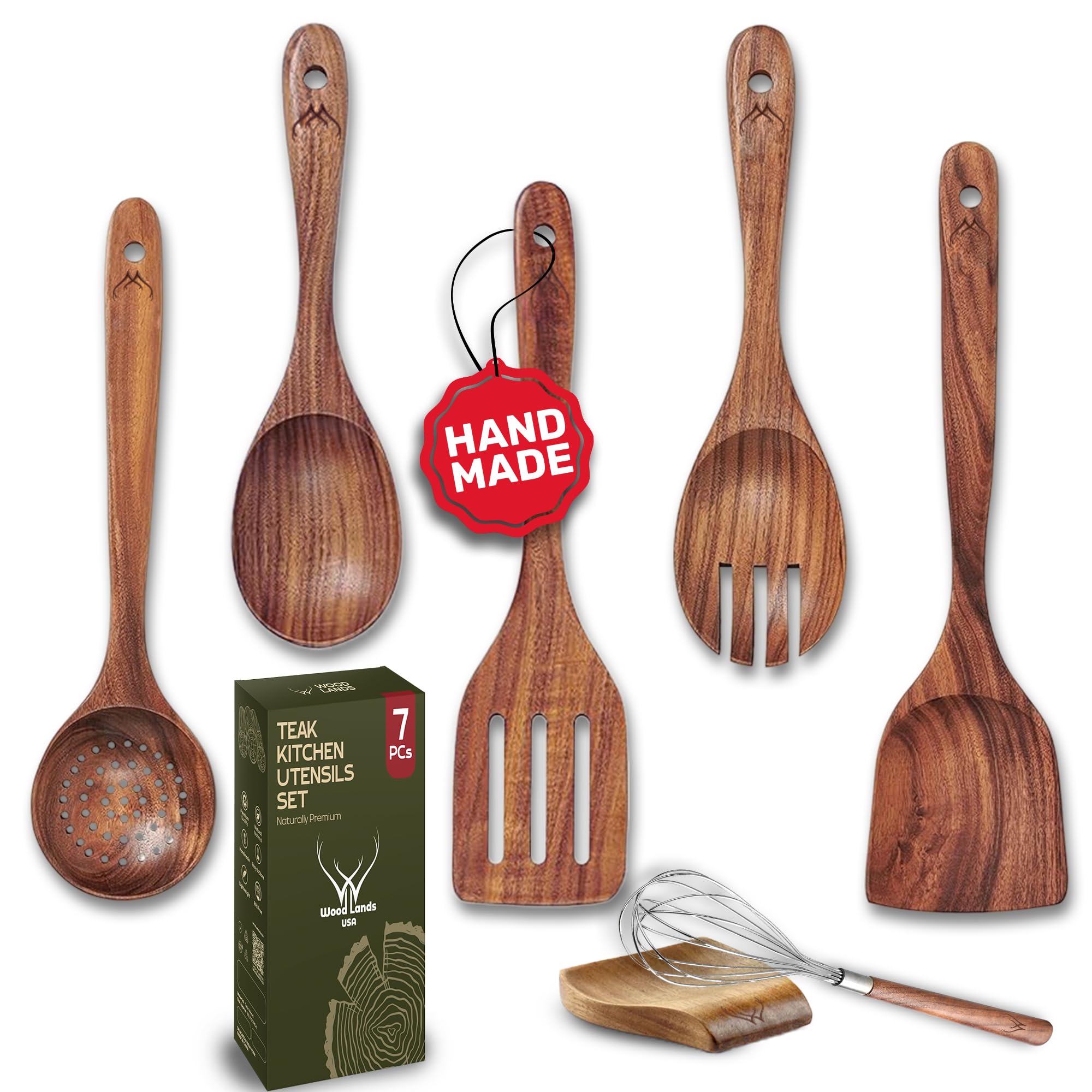 Woodlands USA set de utensilios de teca con soporte, ideal para cocinar diario.