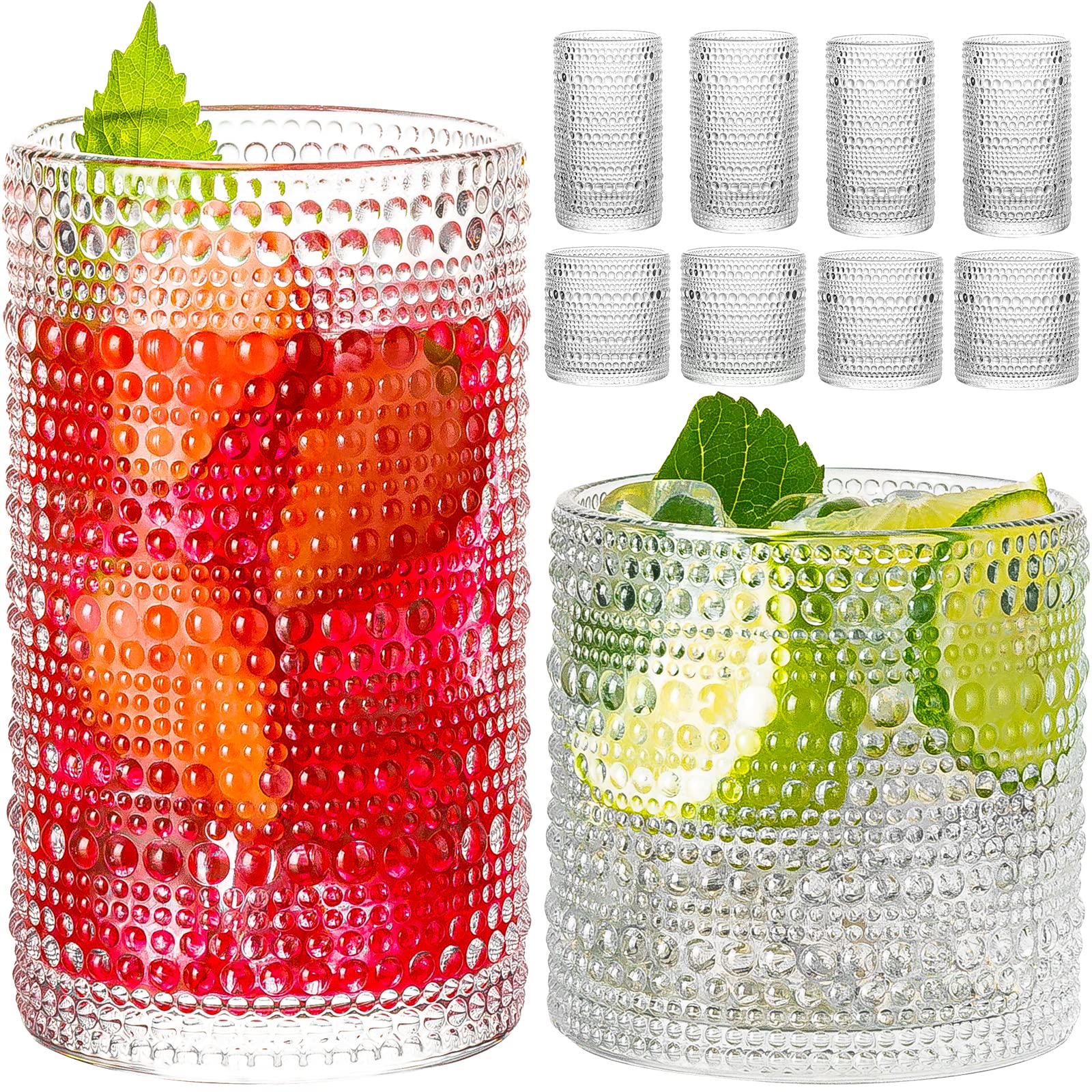 Vaso alto hobnail de wookgreat, ideal para mojitos y cócteles fríos.