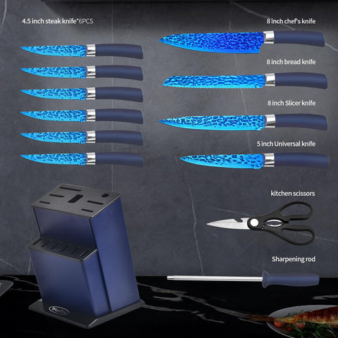 Cuchillo chef de 8 pulgadas WopZra, mango azul, perfecto para cortes contundentes.