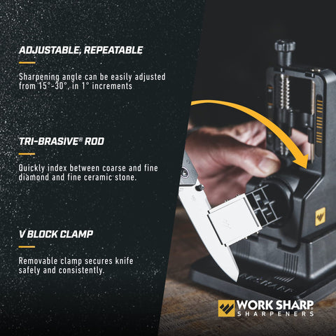 WORK SHARP: abrazadera en V mantiene la hoja segura y alineada durante el afilado