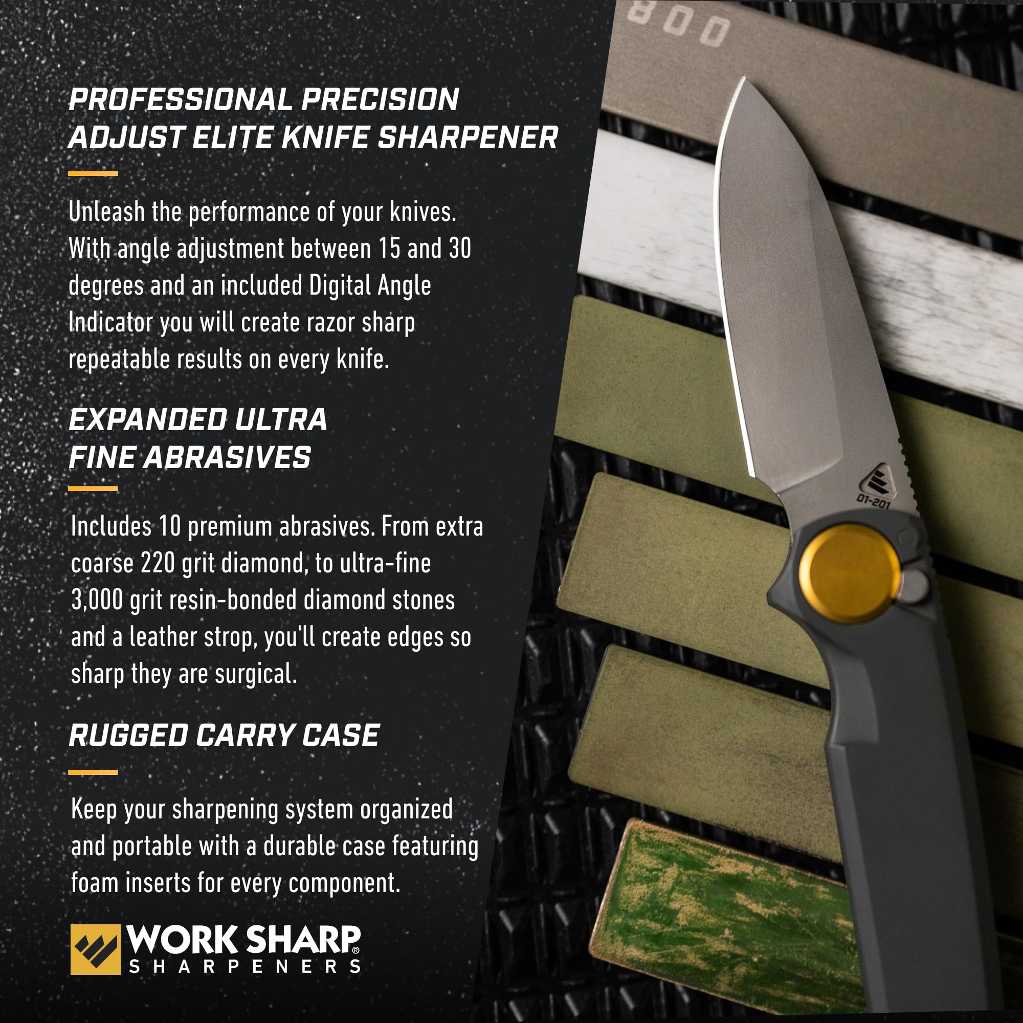 Work Sharp granos de diamante 220 a 800 para varias etapas de afilado.