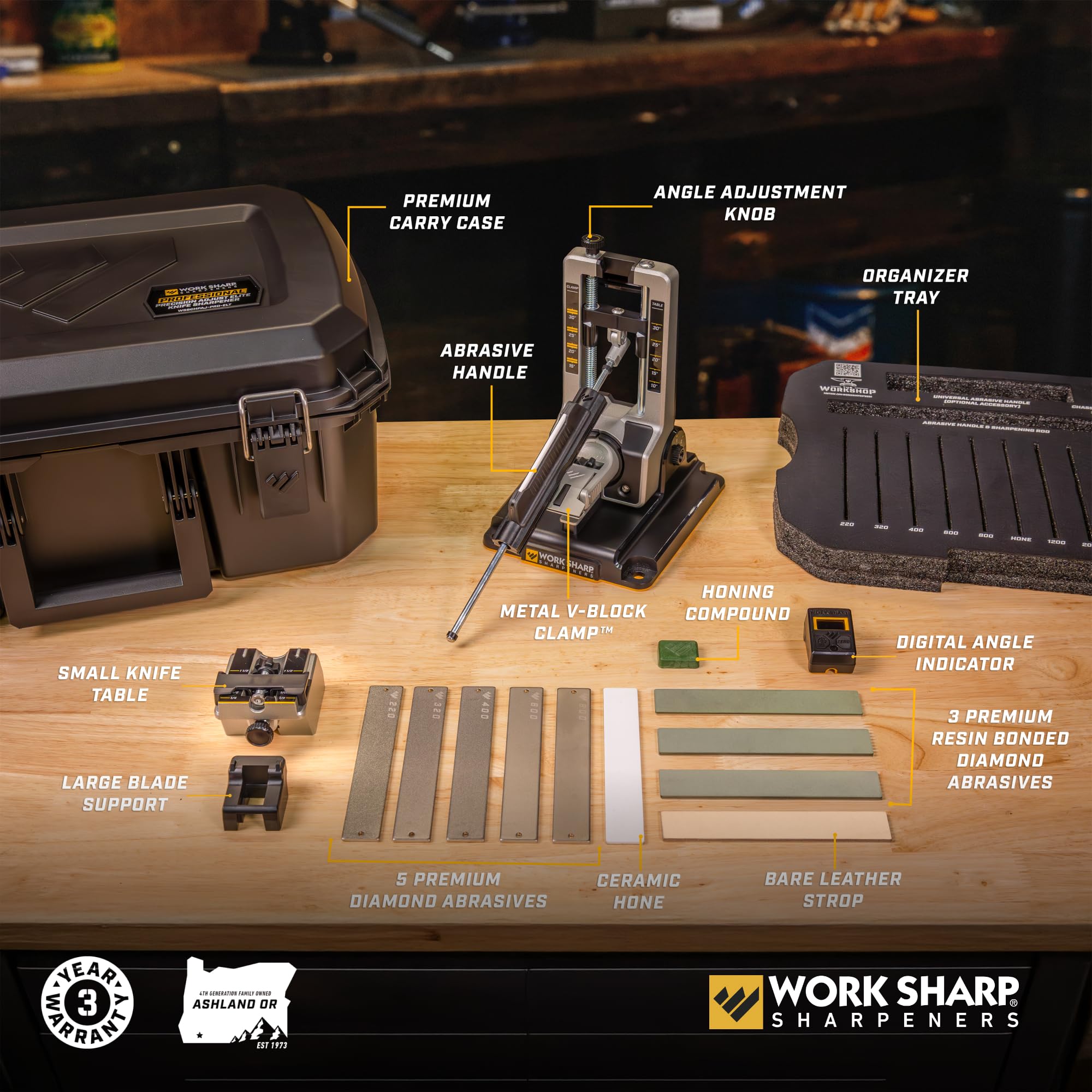 Work Sharp con indicador de ángulo digital para un afilado preciso.