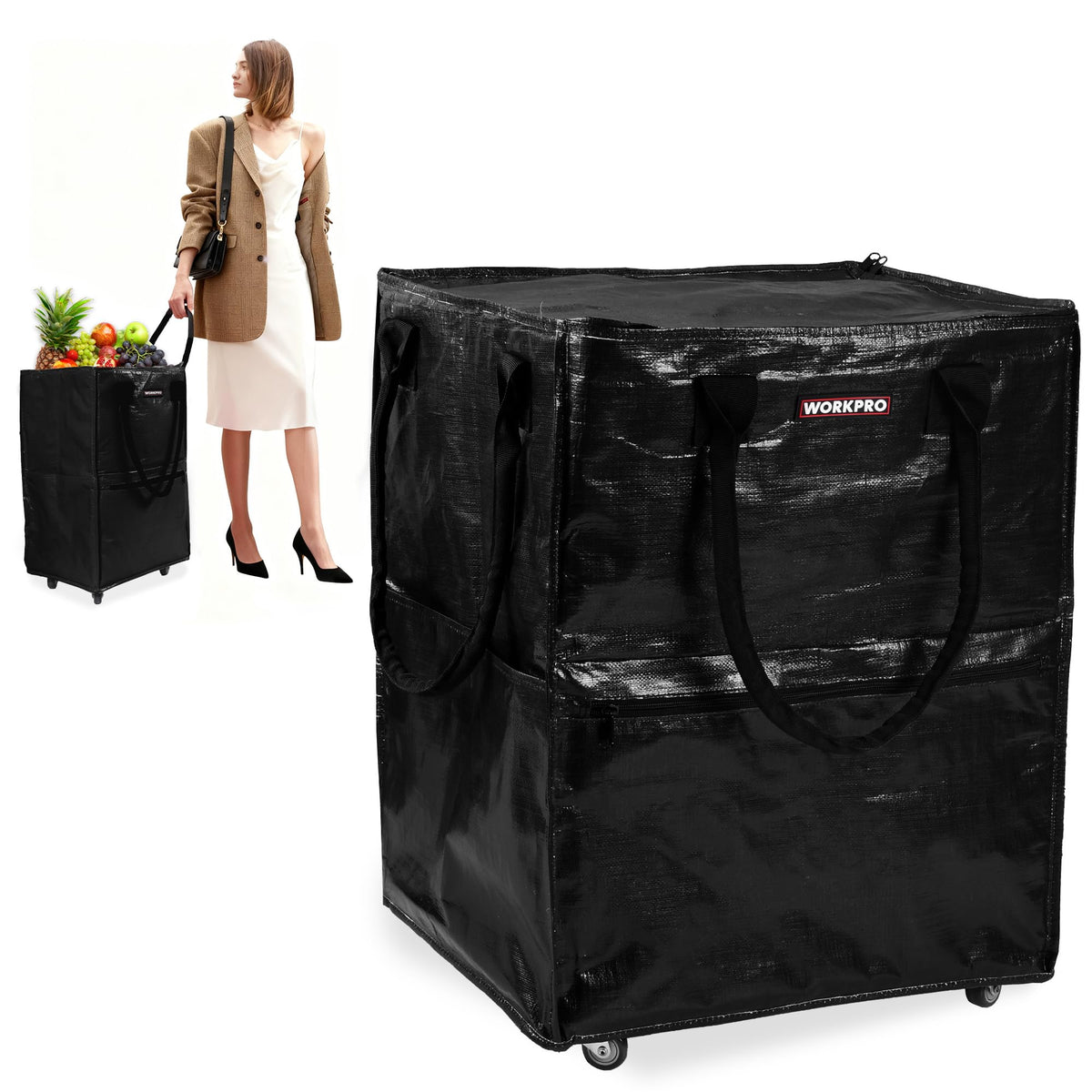 WORKPRO bolsa mercancia con ruedas 360 facilita trasladar compras pesadas con comodidad.