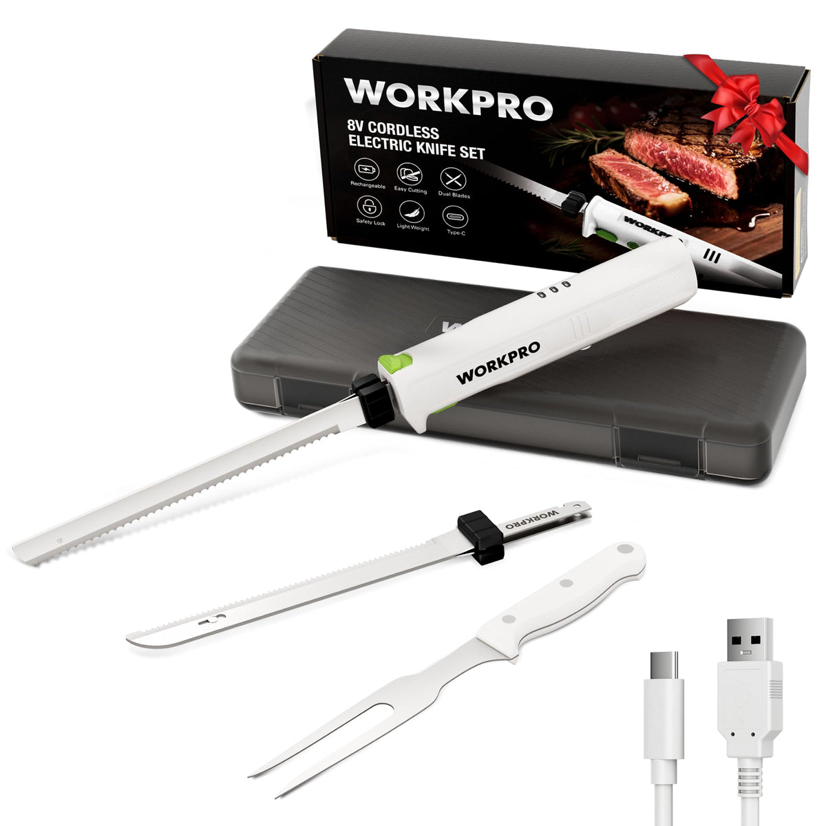 WORKPRO cuchillo eléctrico con dos hojas para pan; rebanado suave y uniforme