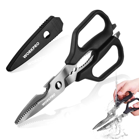 Tijeras WORKPRO con hojas de titanio desmontables para limpieza rápida.