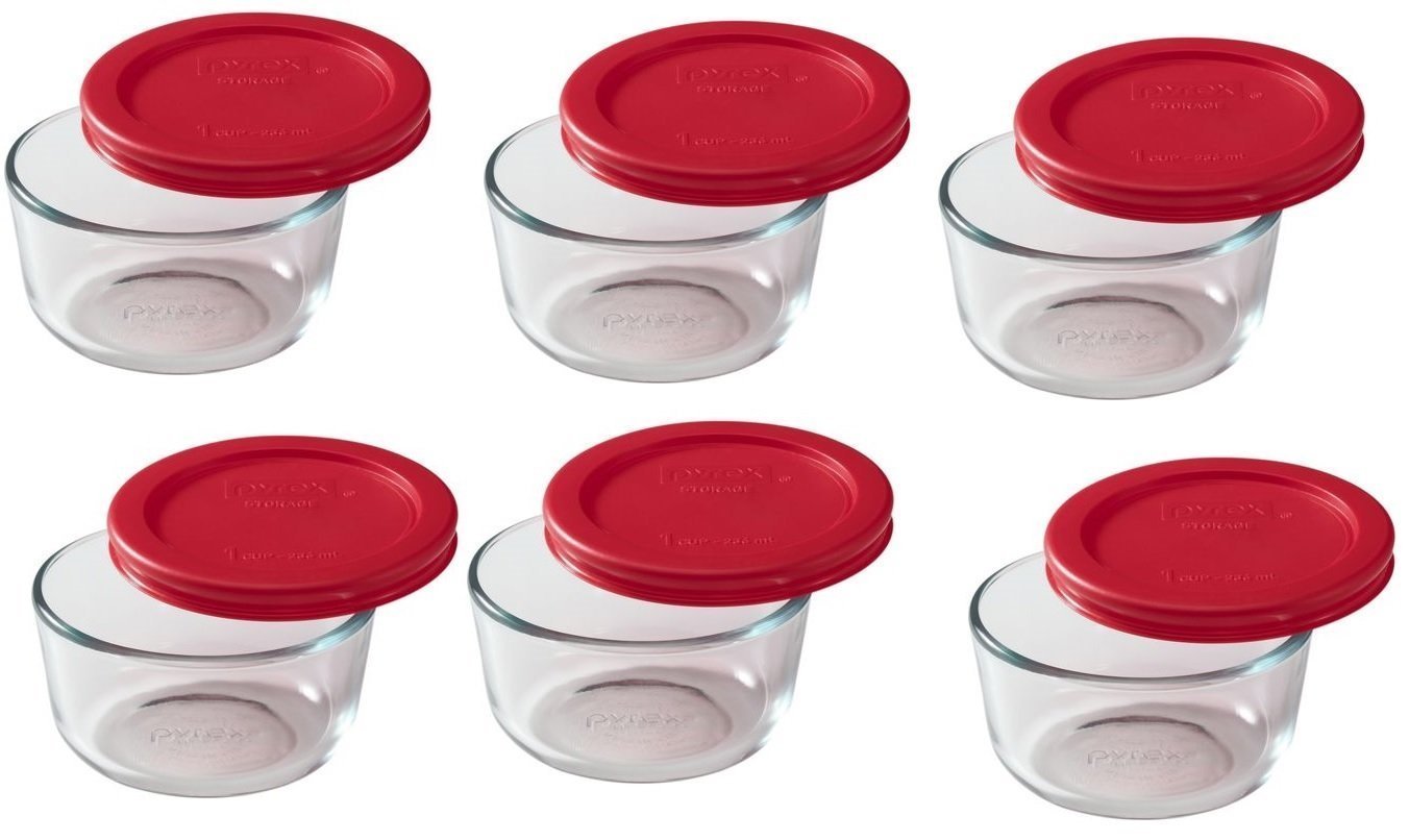 World Kitchen Pyrex contenedores de 1 taza con tapas rojas, ideales para almacenamiento versátil.