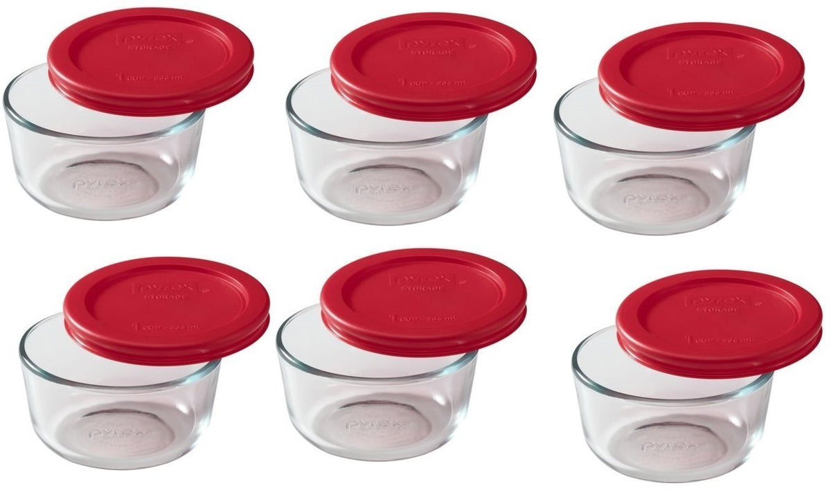 World Kitchen Pyrex contenedores de 1 taza con tapas rojas, ideales para almacenamiento versátil.