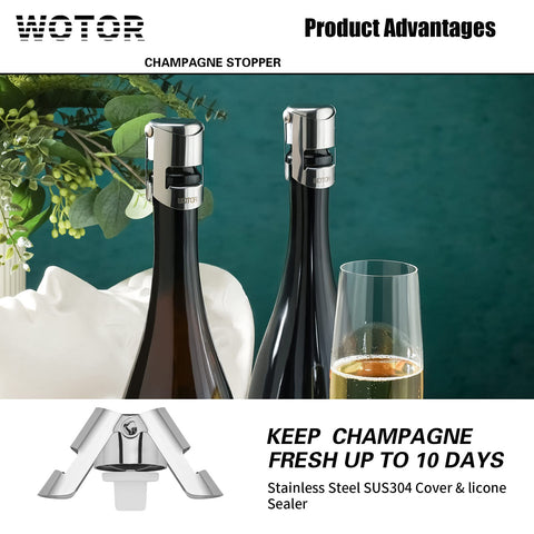 Pack de 6 tapones WOTOR para botellas de champagne y vino espumoso.