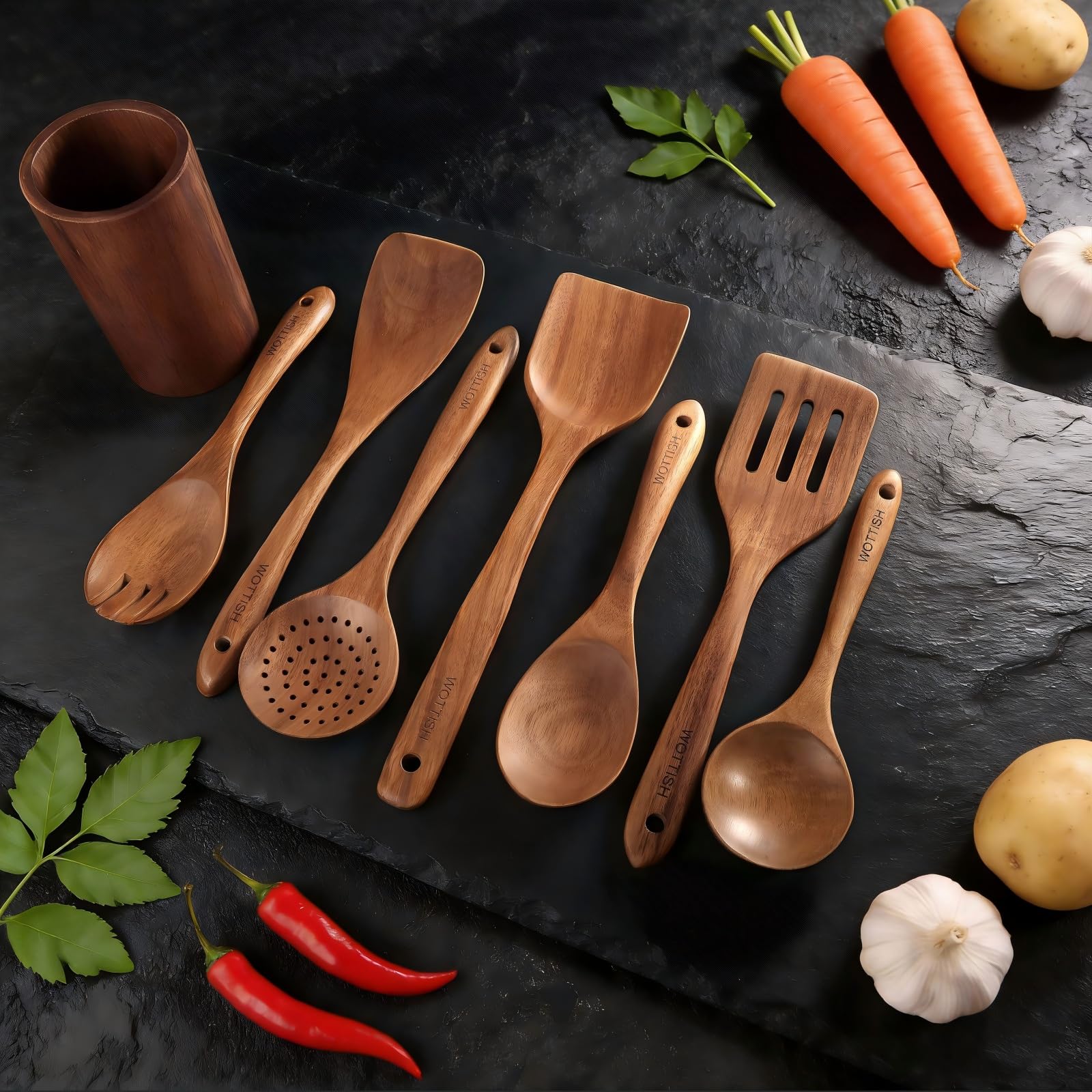 WOTTISH espátula perforada de madera para escurrir alimentos