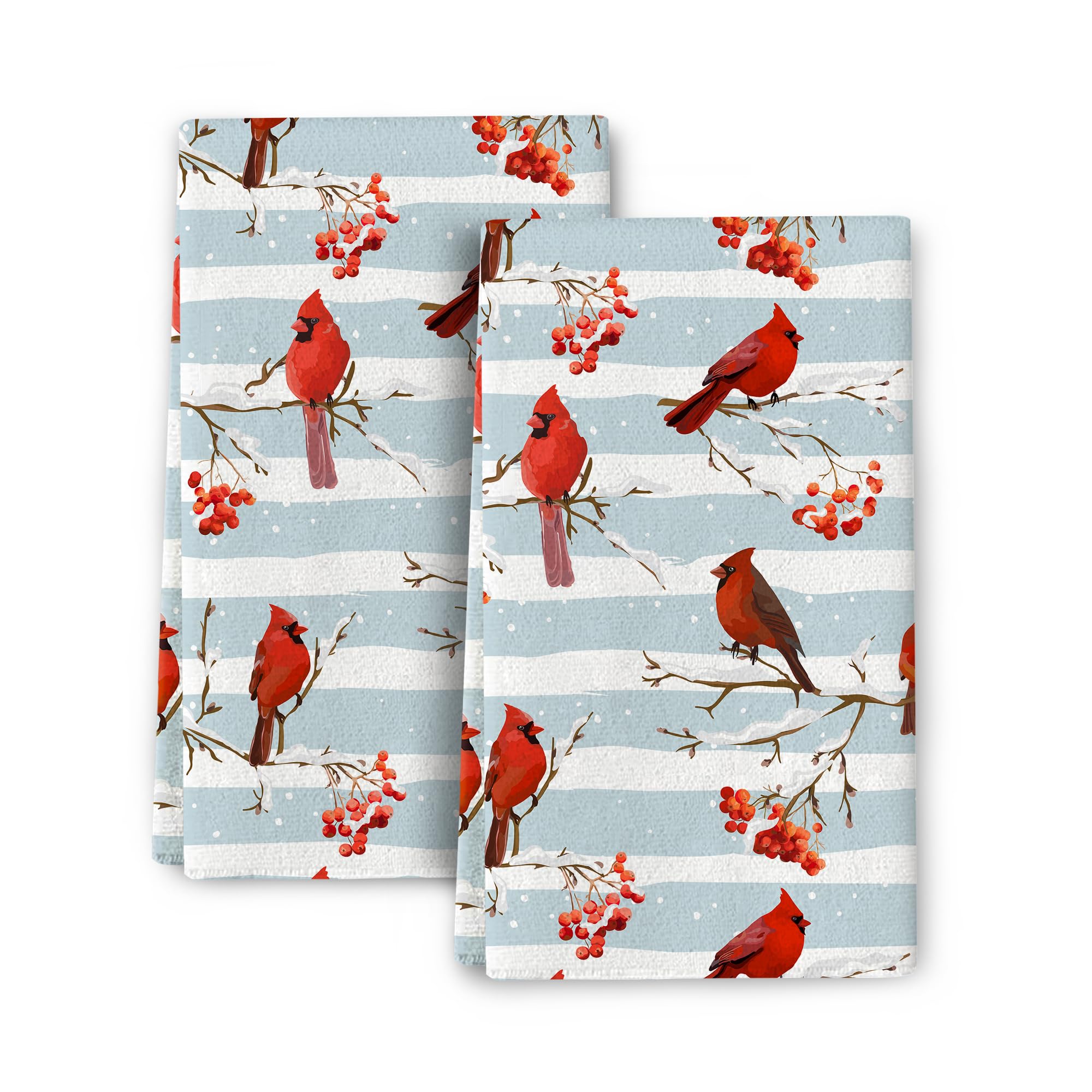 Toallas Wovoto con cardenales de invierno, textura suave y absorbente.