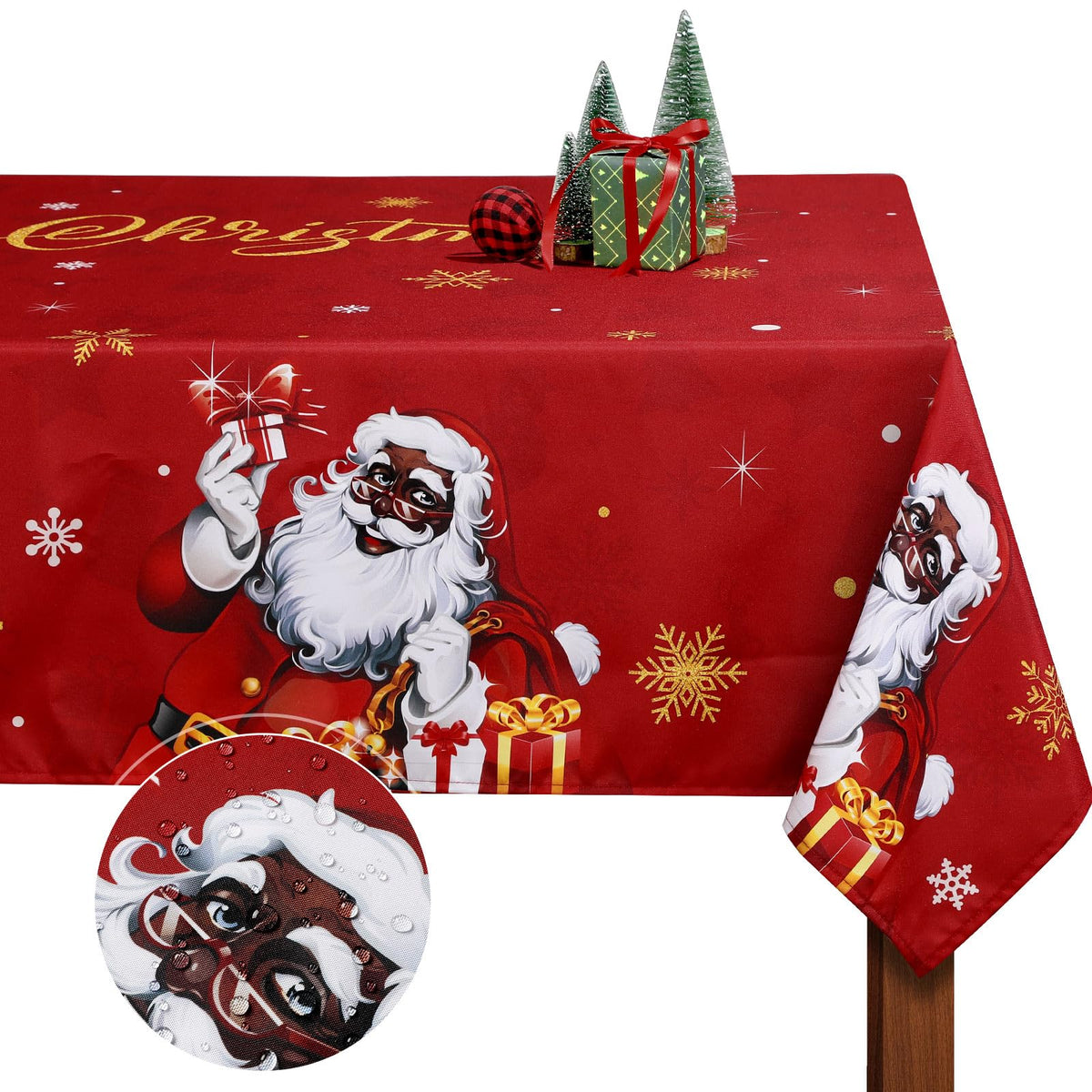 Mantel WovWeave con diseño de Santa Negro, ideal para ambientar la Navidad.