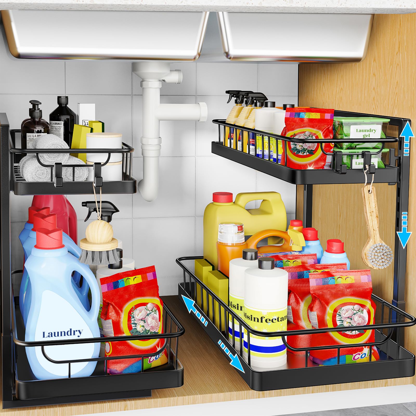 WOWBOX organizador bajo fregadero, dos niveles deslizantes para más organización.