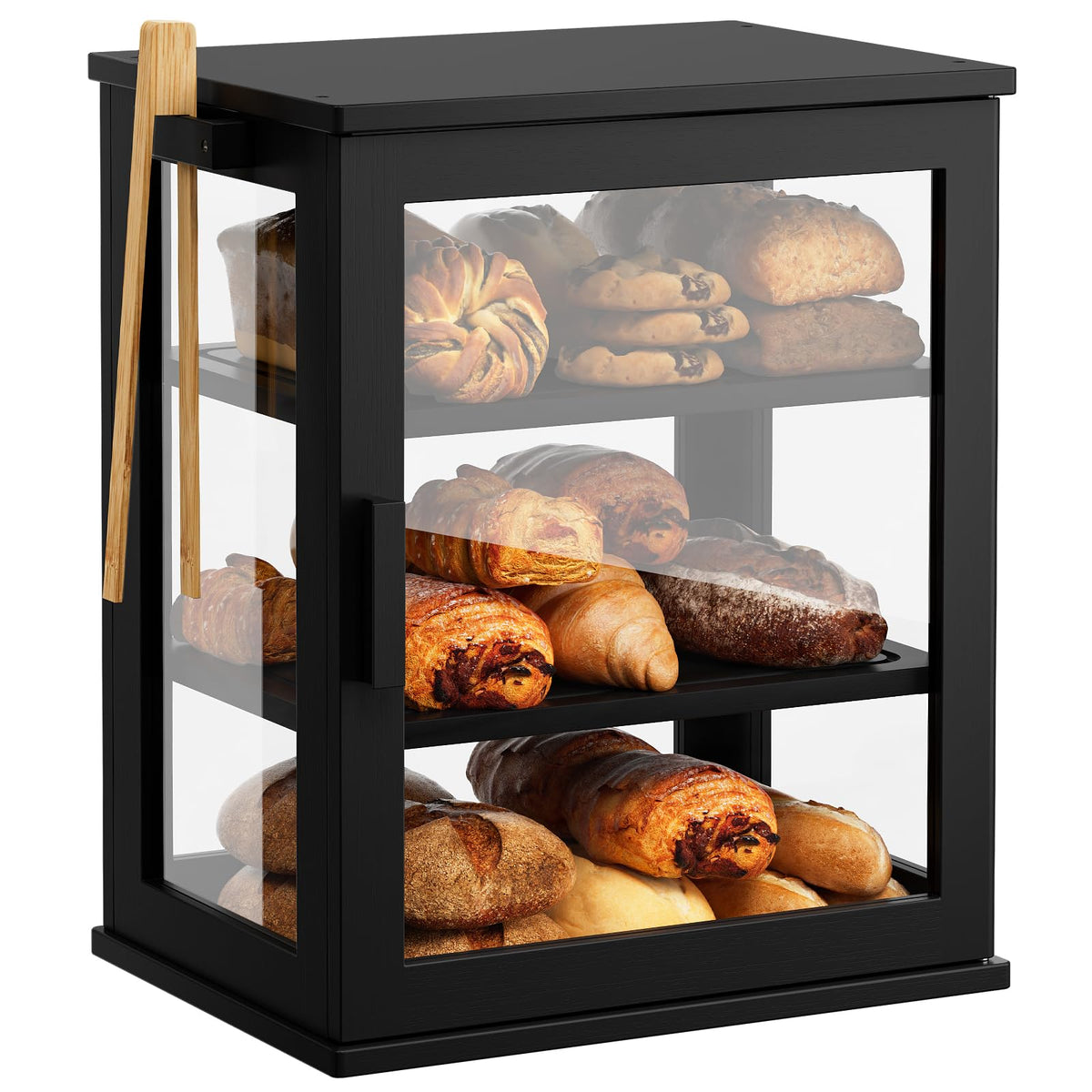 Caja WOWLIVE negra con ventana frontal para ver pan sin abrir
