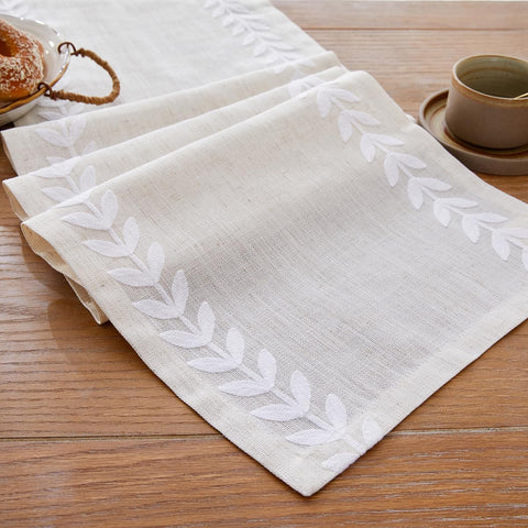 Wracra camino de mesa bordado, hojas de sauce irregulares, blanco elegante para mesa
