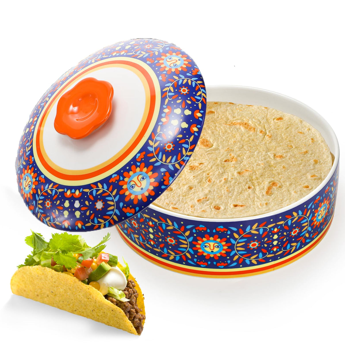 WRINGKIT calentador de tortillas cerámico con tapa para ocho pulgadas, práctico para servicio rápido.
