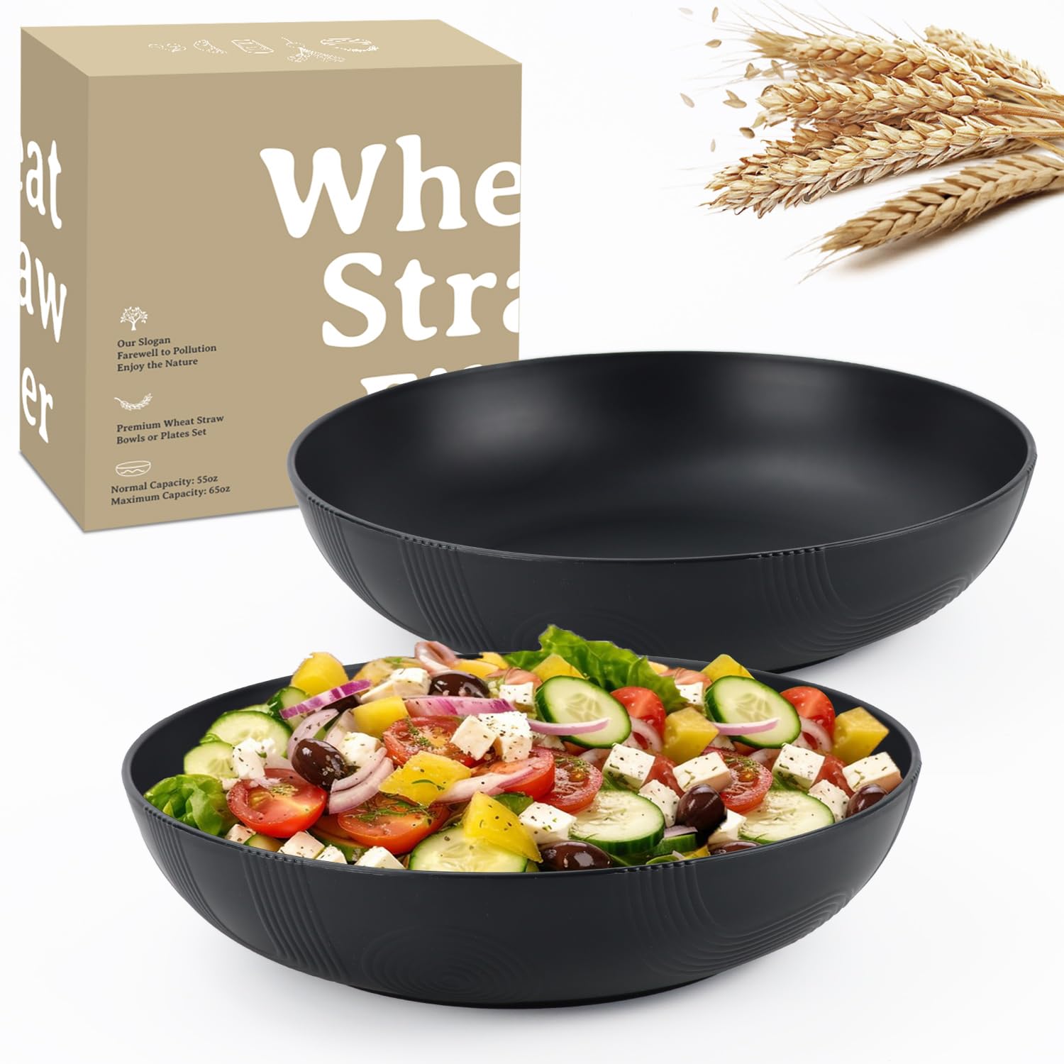 Juego de ensaladeras Wrova grandes 65oz apiladas para servir ensaladas y cereales de forma ordenada.