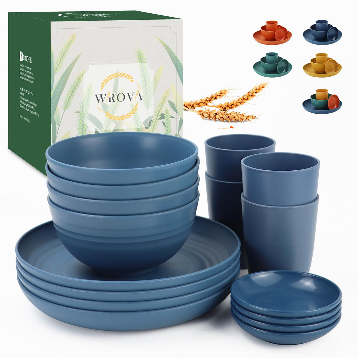 Wrova platos de trigo azul, 16 piezas, aptos para camping y picnics