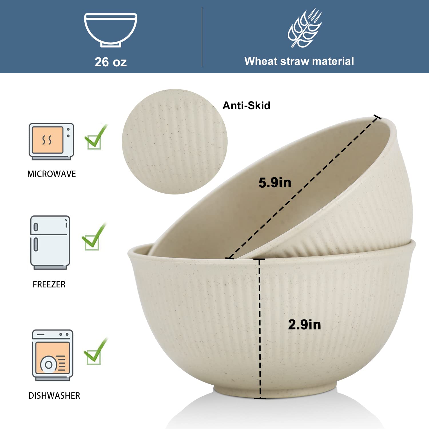 Tazones de trigo de 26 oz, capacidad generosa para desayunos y ensaladas.