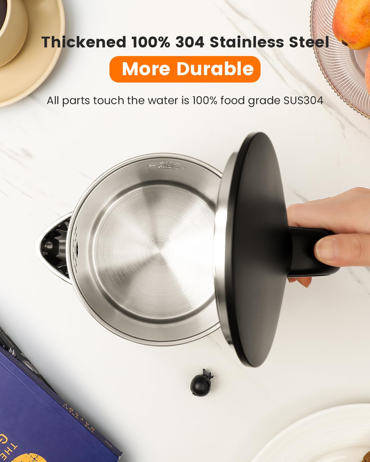 WTJMOV tetera electrica base giratoria 360°, manejo cómodo sin cables.