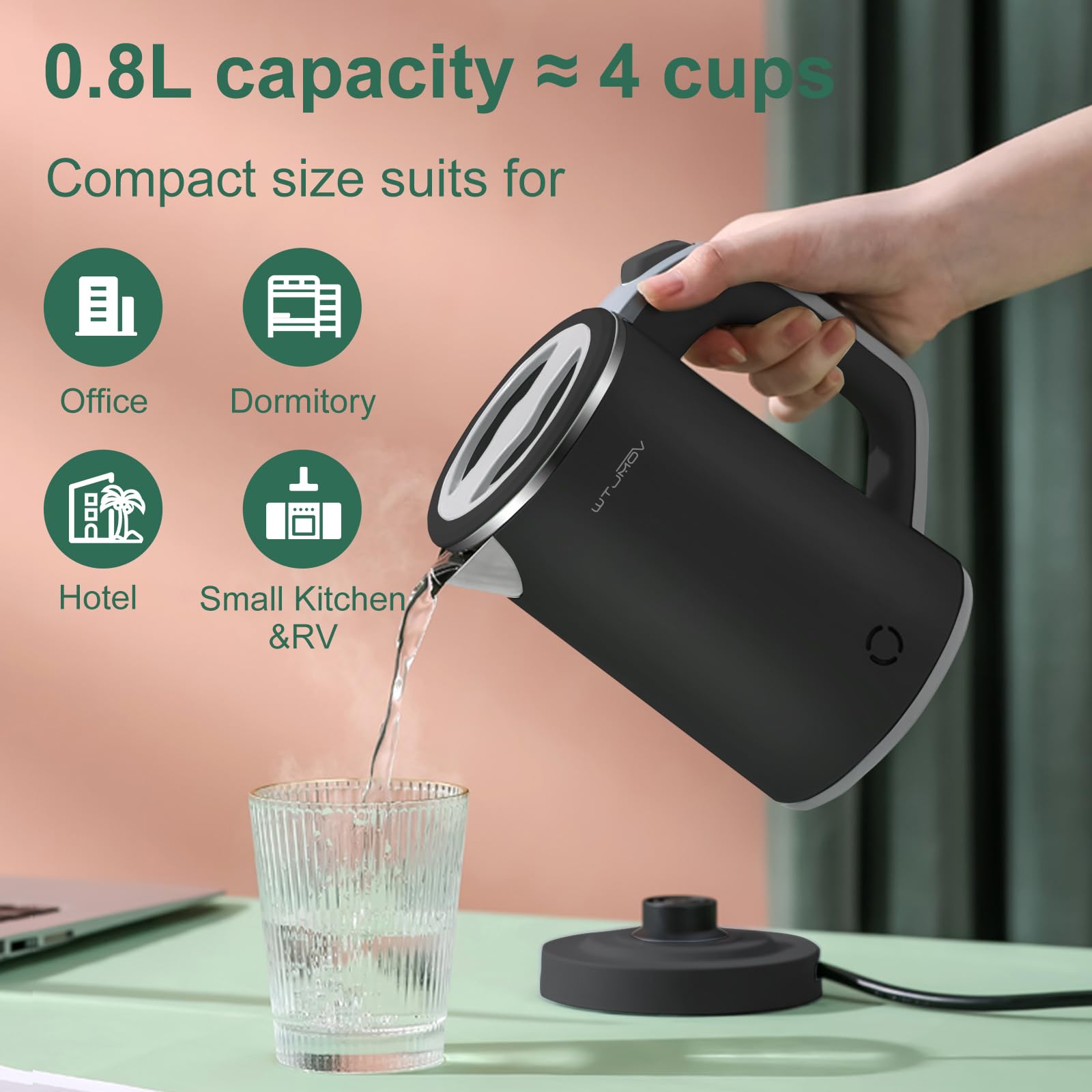 WTJMOV tetera eléctrica portátil 0.8l, ligera y robusta para uso diario