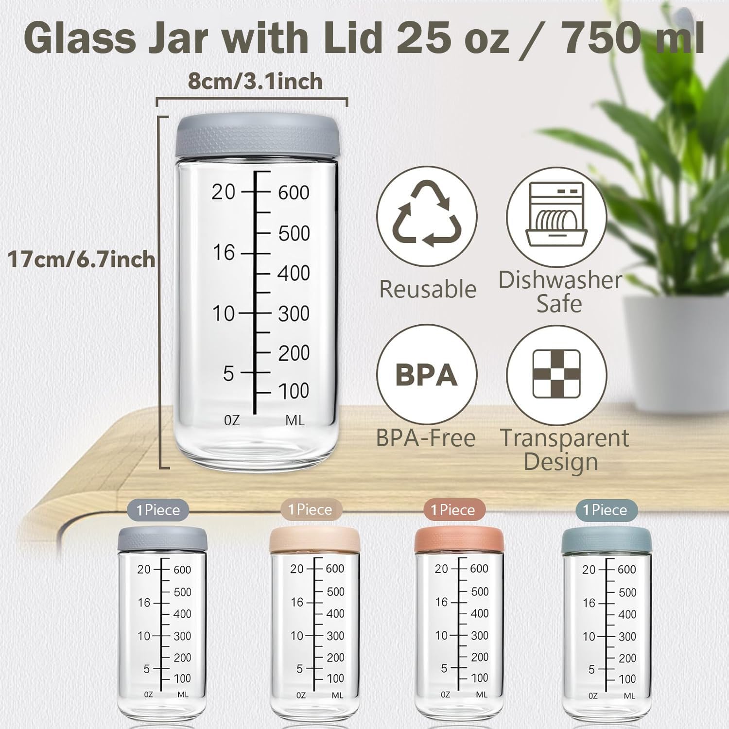 Frascos de vidrio Wuhmhm 750ml con escala integrada para medir.